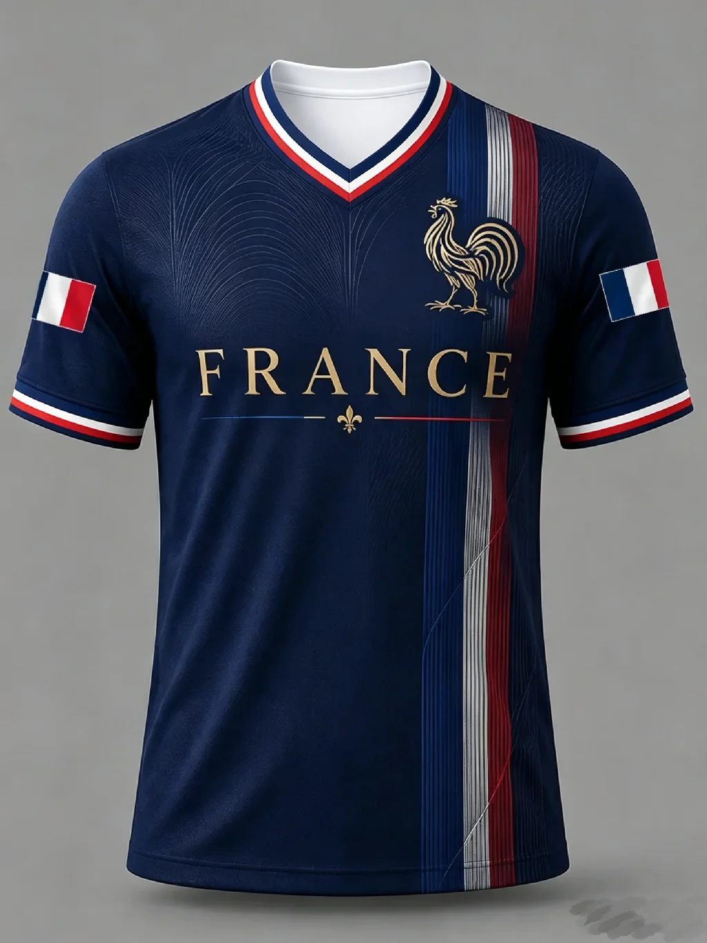 2026 Unisex France Gallic Rooster 3D Football Jersey Vertical Stripe V Neck Short Sleeve Soccer Fan Breathable Streetwear Tops