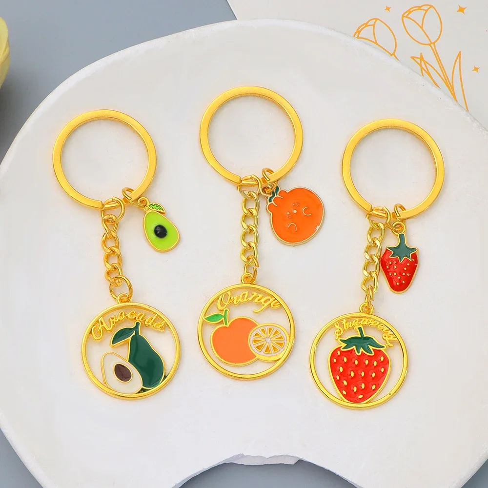 Cute Fruit Keychain Gold Color Cherry Oranges Strawberries Key Ring for Women Girls Car Key Holder Handbag Decor Jewelry Gift