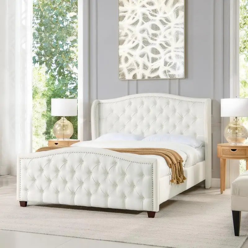 Upholstered Queen Wingback Platform Bed Frame in Antique White Polyester