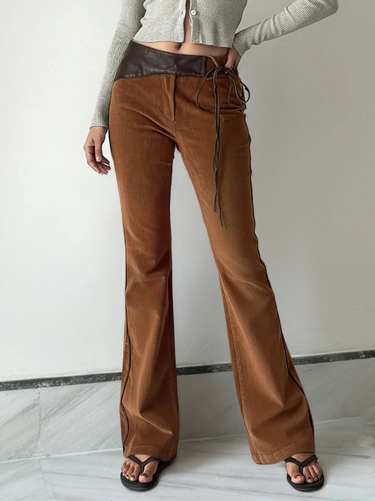 SsTss خمر الموضة الأمريكية براون سروال قصير مضيئة السراويل عالية الشارع بولي Leather الجلود المرقعة التعادل متابعة الخصر بنطلون طويل للنساء #2