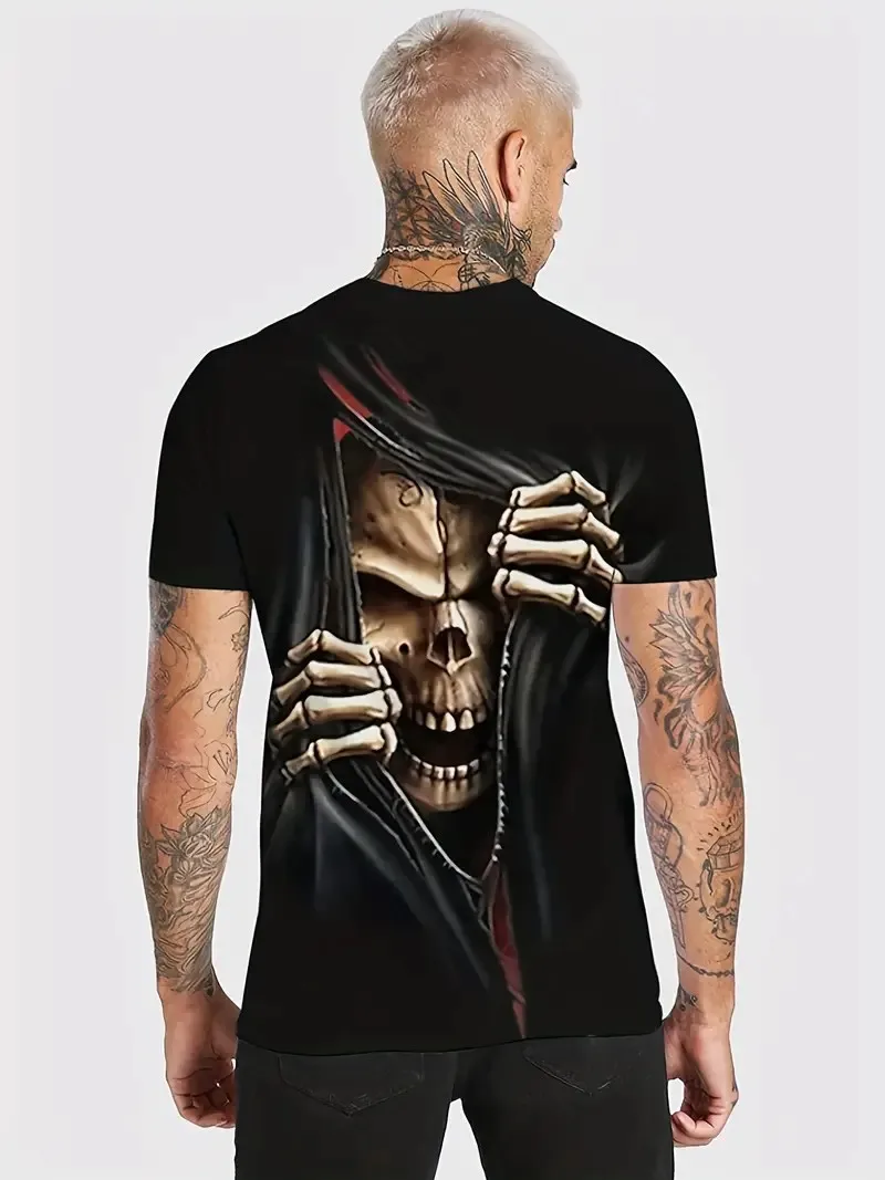 Outdoor Summer Men‘s 3D Skull Print Casual Short-Sleeved Round Neck Oversize Personalized Cool Fashion Sports Daily  T-Shirt