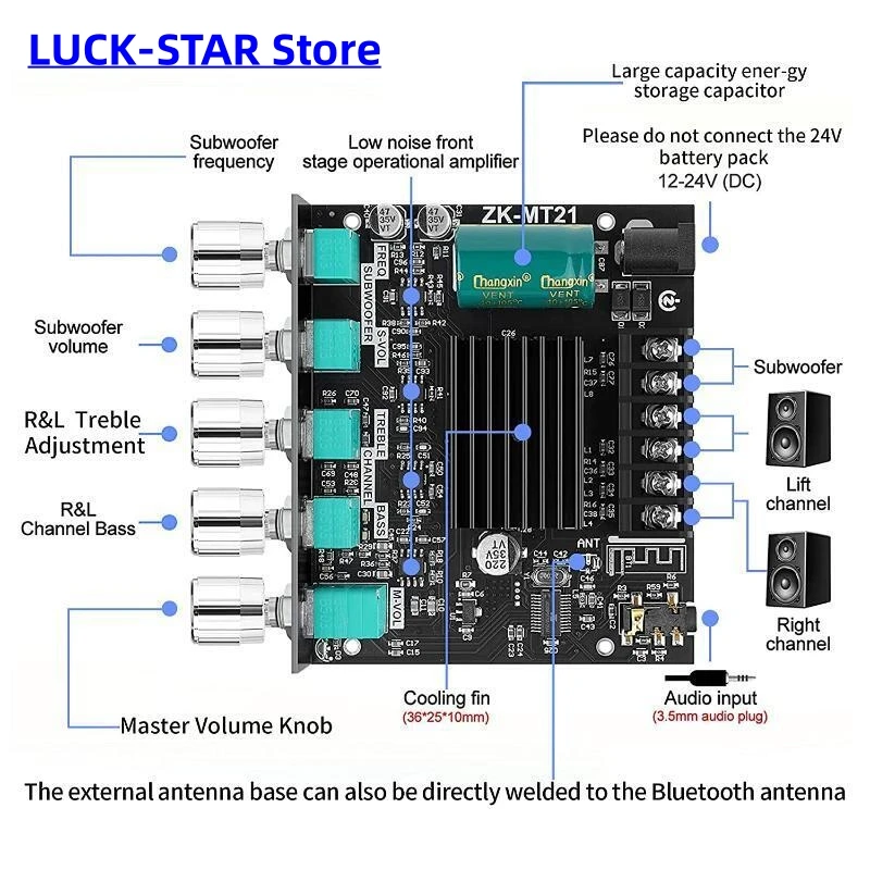 2x50W+100W 2.1 Channel Subwoofer Digital Power Amplifier Board AUX 12V 24V Audio Stereo Bluetooth 5.0 Bass Amp for Home