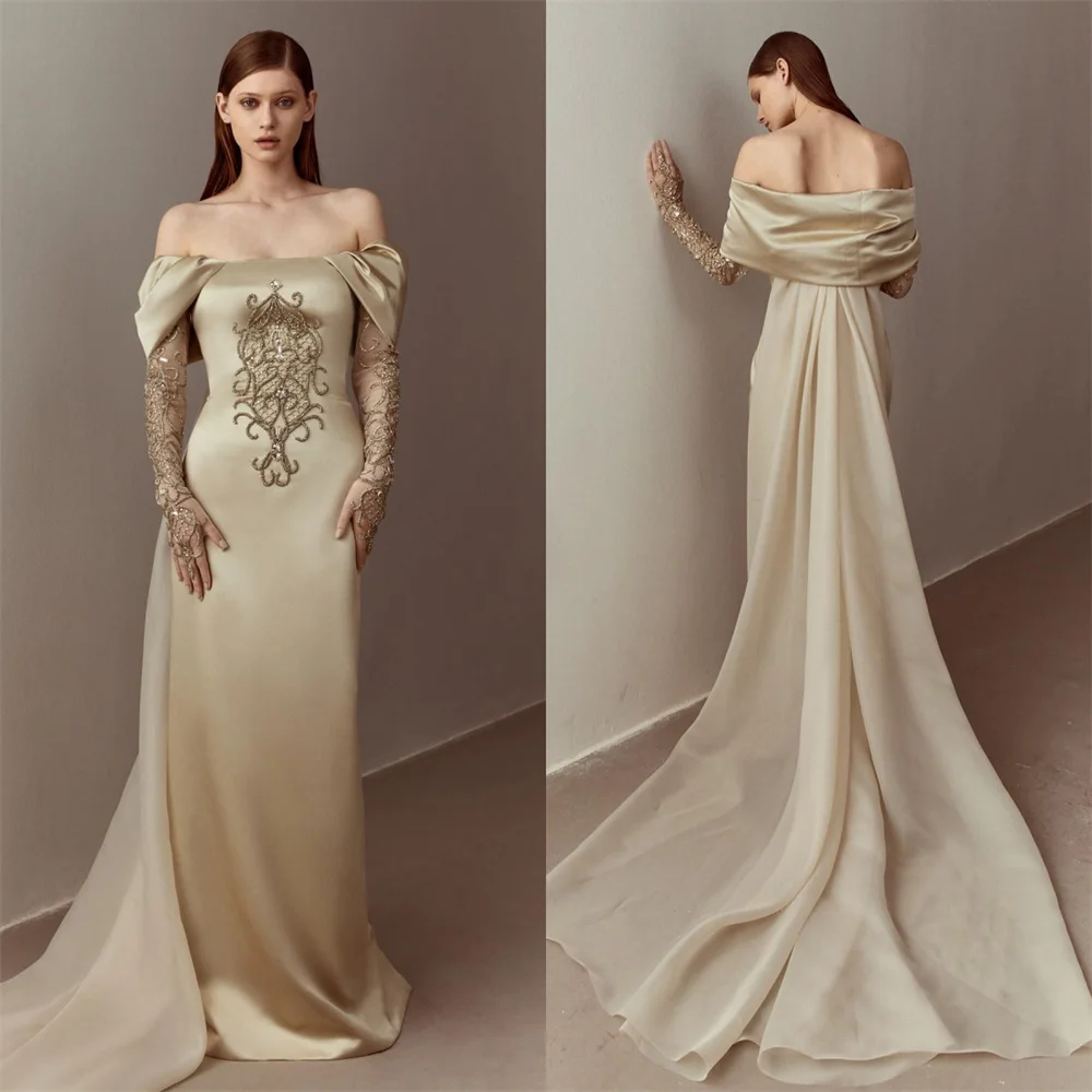 

Formal Dress Saudi Arabia Dearin Off-the-shoulder Column Floor Length Open Back Skirts Tulle Draped Applique Bespoke Occasion Dr