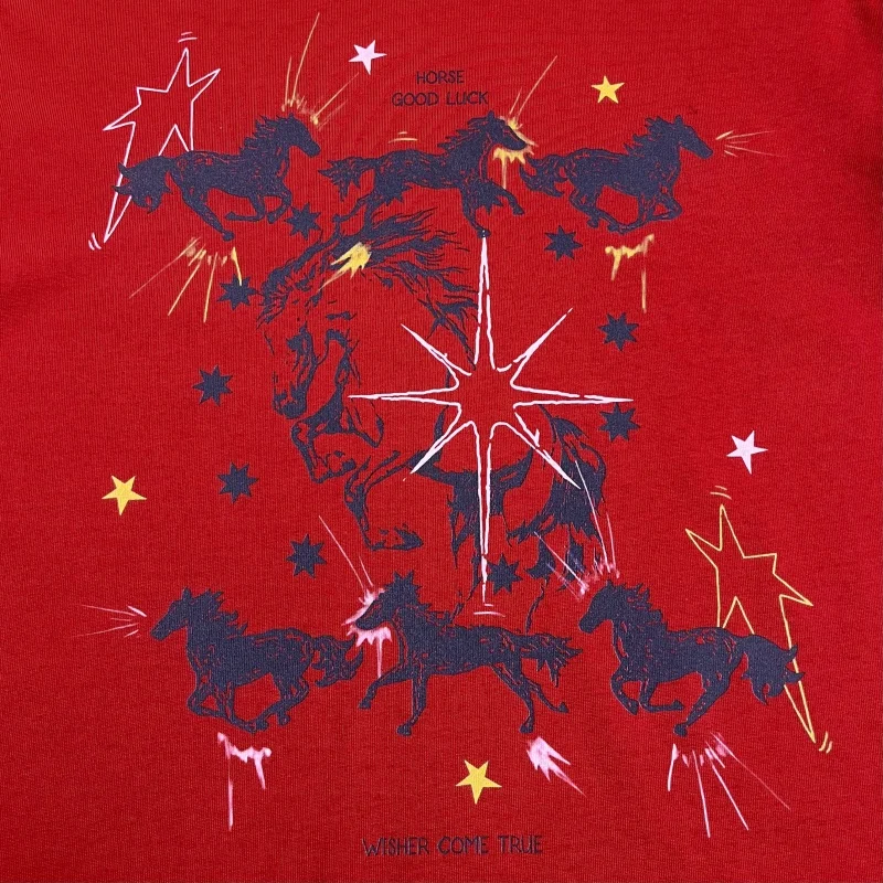 Heavyweight Cotton Red T-Shirt Men Horse Print Oversized Casual Streetwear Lucky Graphic Top