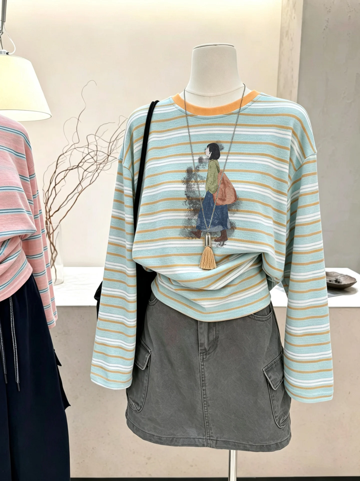 Loose Long Sleeve T-Shirt Women's Korean Style Rainbow Stripes Print Cotton Casual Top Slimming Cover up Shirt for Autumn