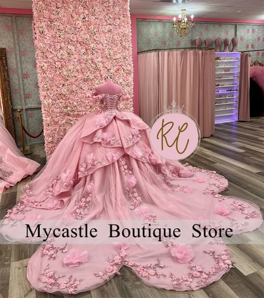 

2024 Luxury Pink Shiny Princess Quinceanera Dresses Beading Appliques Lace Flower Party Dress Sweet 16 Dress Vestido De 15