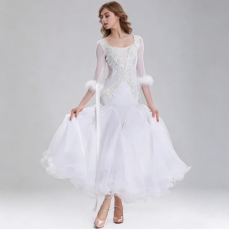 

Professional Standard Ballroom Dance Competition Dress White Rhinestone Feather High Elasticity Modern Waltz Dancewear Costumes