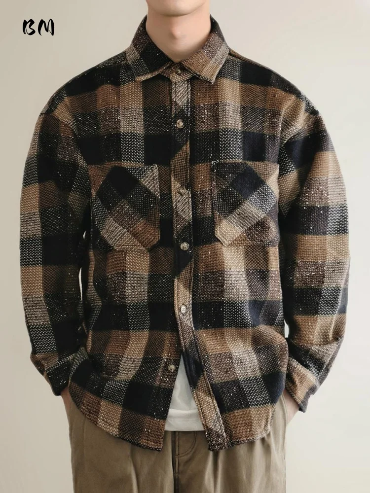 

Mens American Vintage Yarn Dyed Plaid Work Shirt Fall Winter Oversized Long Sleeve Plus Size Casual High Quality Streetwear Coat