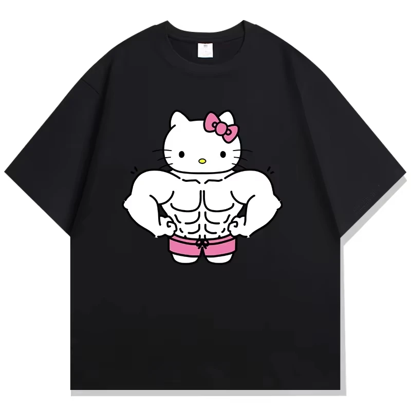 

Новая летняя хлопковая футболка Hello Kitty 2026 года, унисекс, детская, повседневная, свободного кроя, семейная, с коротким рукавом, модный ретро-принт, топ