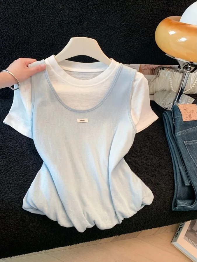 

Summer New Style Women's round Neck Short Sleeve T-shirt Color Block Top Not Repeating Pattern Korean Atmosphere Unique Shirt