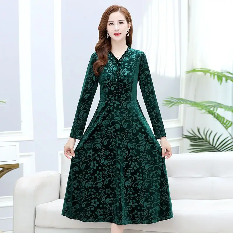 Women Golden Velvet Dress 2025 New Printed Long Sleeved V-neck Party Dress Middle Aged Women Clothing Long Dresses Vestidos 5XL