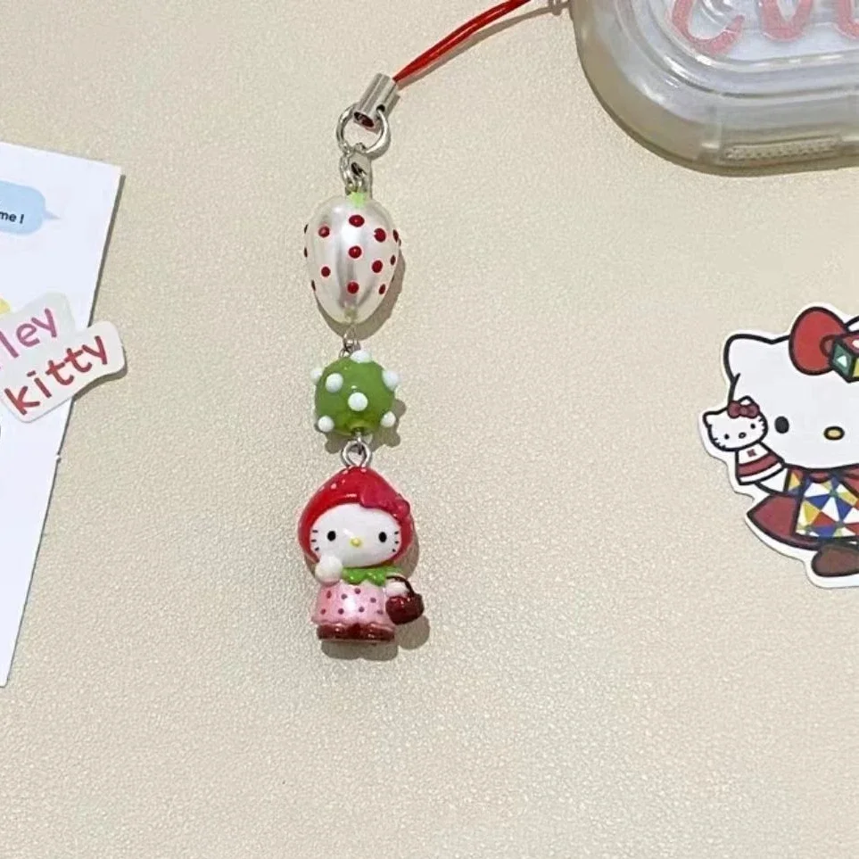 Sanrio HelloKitty Strawberry Head Kawaii Phone Chain Girl Y2K Style Cartoon Anime Beaded Pendant Backpack Cute Decoration Gift