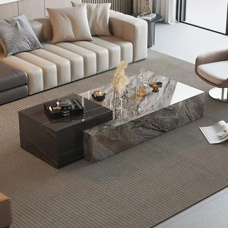 Full body glossy rock slab embedded combination design coffee table double drawers hidden storage Exquisite Home furniture