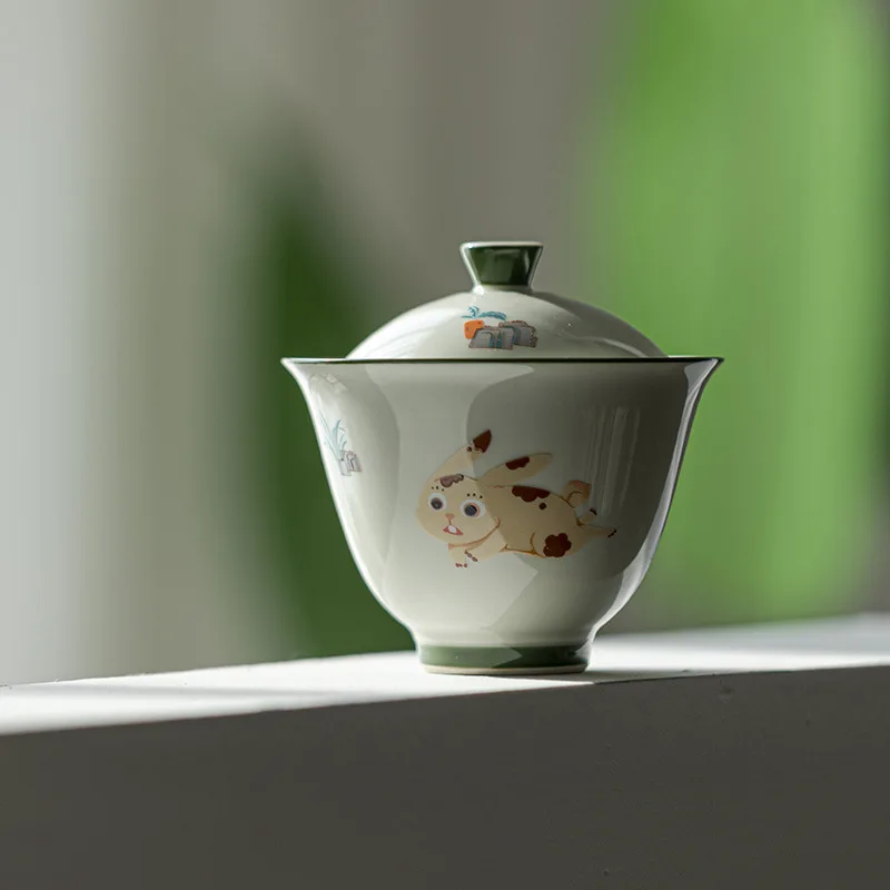 Designer Lu Qingde Little Rabbit Runs Illustration Ceramic Gaiwan Kung Fu Set Cute Main Tea Bowl
