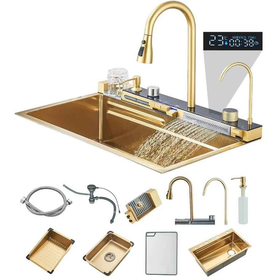 

Suguword Waterfall Brushed Gold Kitchen Sink Undermount/Drop in Single Bowl Kitchen Sink With Pull Down Spray Head Faucet Farmh