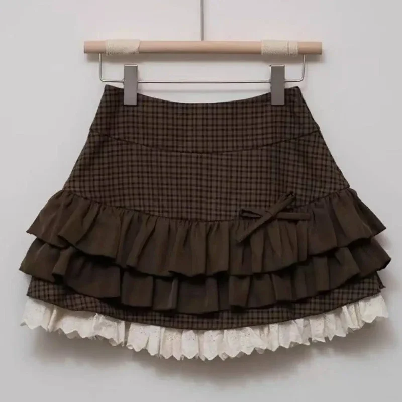 Japanese Y2k Cute Ruffled Plaid Skirt Punk Rock Subculture Cake Skirts Japanese Preppy Style Casual New 2025 Women Skirts