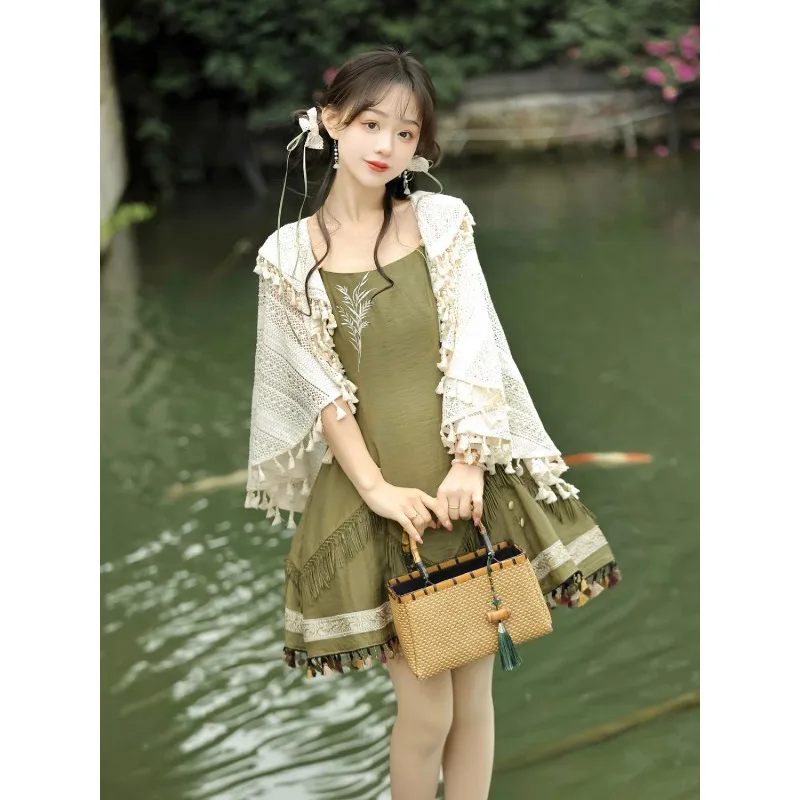 2024 Traditional Chinese Green Lolita Dress with White Tassel Shawl Women Summer Sweet Fairy Party Victorian Dresses Tea Party