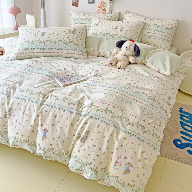 Cartoon Rabbit Animal Cotton Duvet Cover Cute Bunny Strawberry Bedding Set Reversible Printed Comforter Cover Flower Quilt Cover