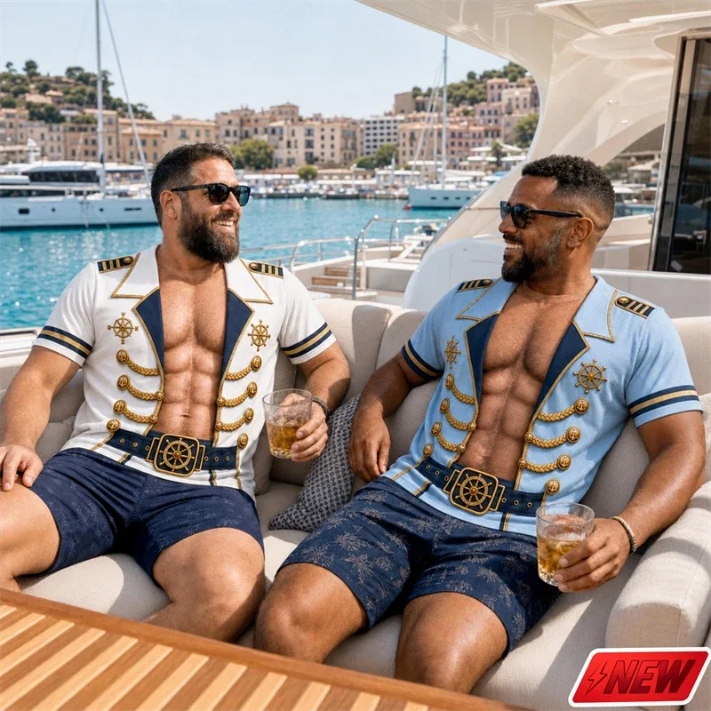 Kreatives, lustiges T-Shirt für Herren – Matrosenuniform, Piratenschädel, Schiff, Anker, 3D-Druck, große Größe, kurzärmelig – Kostüm-Party-Oberteil – Detail 27