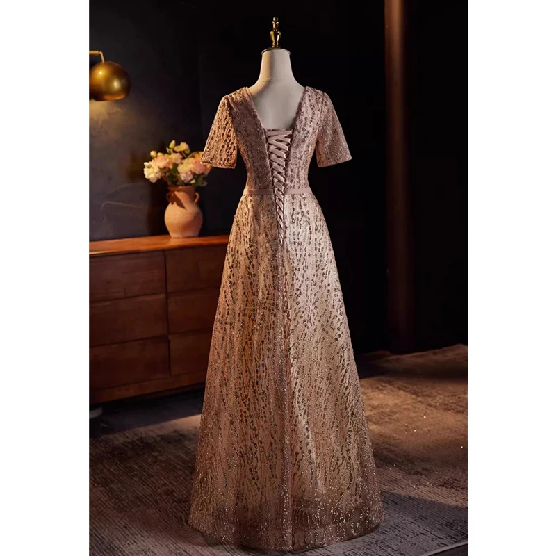 Bespoke Occasion Dress Champagne Bling V-neck Short Sleeves Lace up A-line Floor-length Plus size Women Evening Party Gown B2909