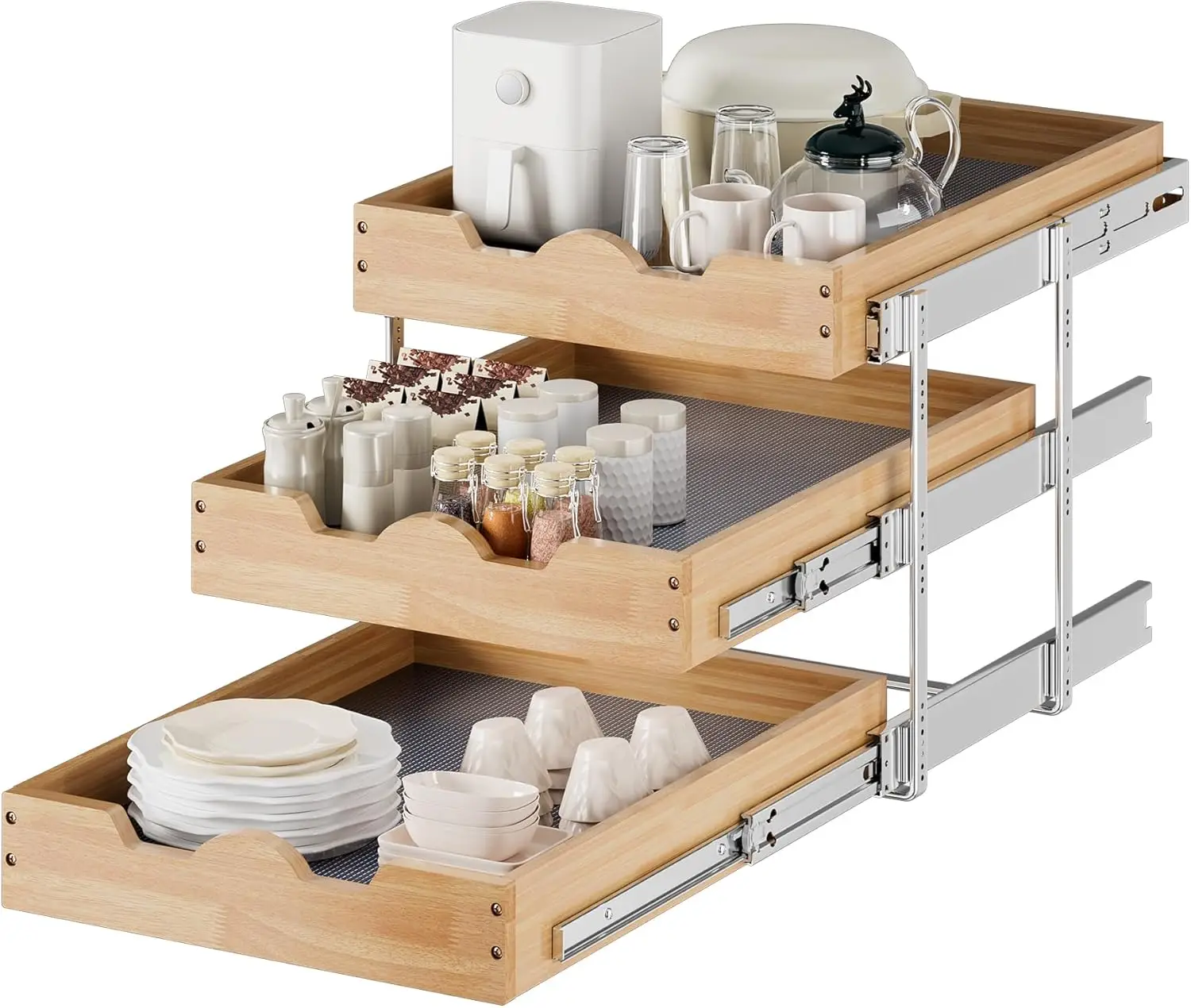 

3 Tier Pull Out Cabinet Organizer 17”W X21”D Slide Out Shelves With Shelf Liner for Kitchen Wood Roll Out Drawers Pantry Organiz