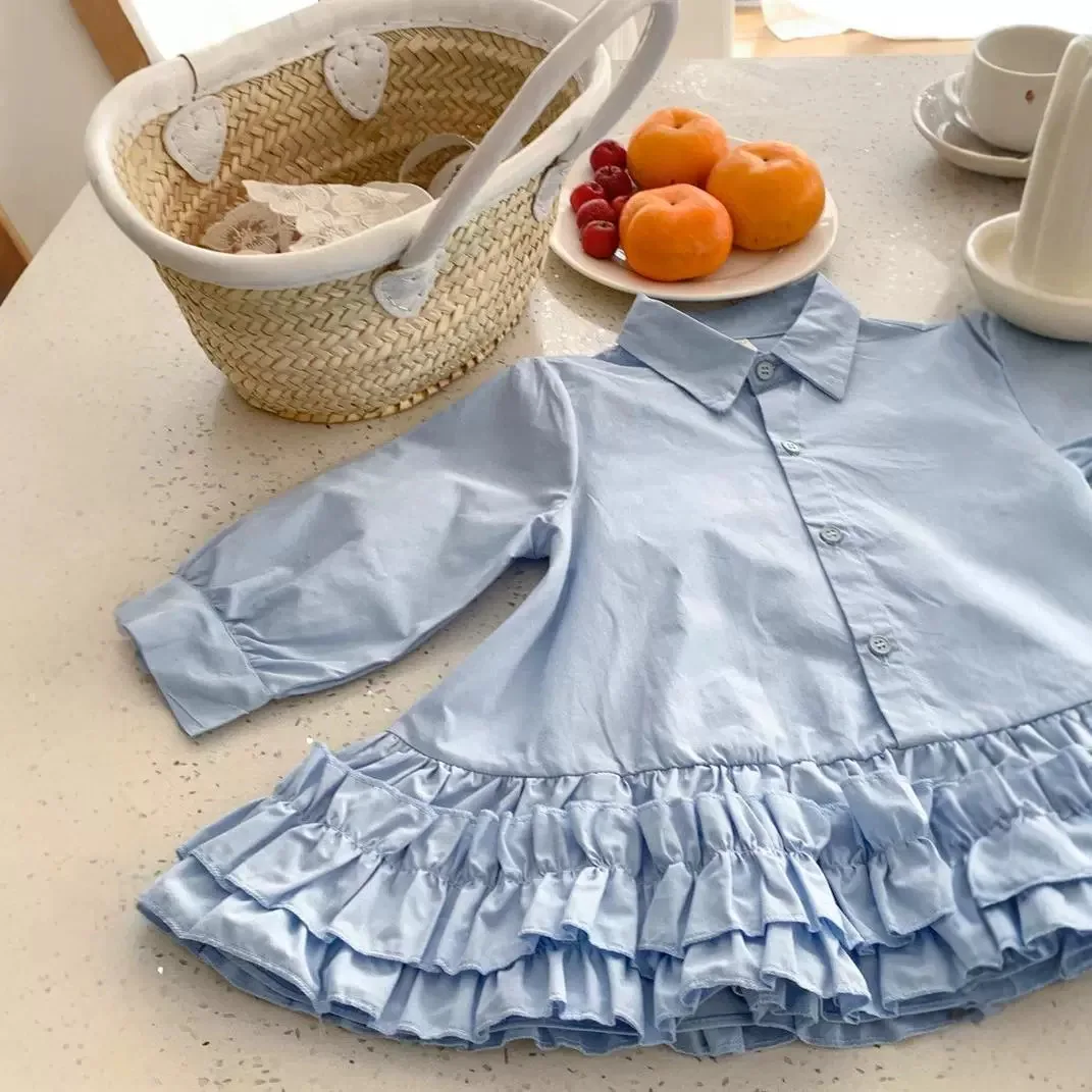 Autumn Girls' Dress Long Sleeved Shirt Collar Patchwork Dress Cake Skirt 2024 Spring Fashion New Children Clothing Kids Outfit