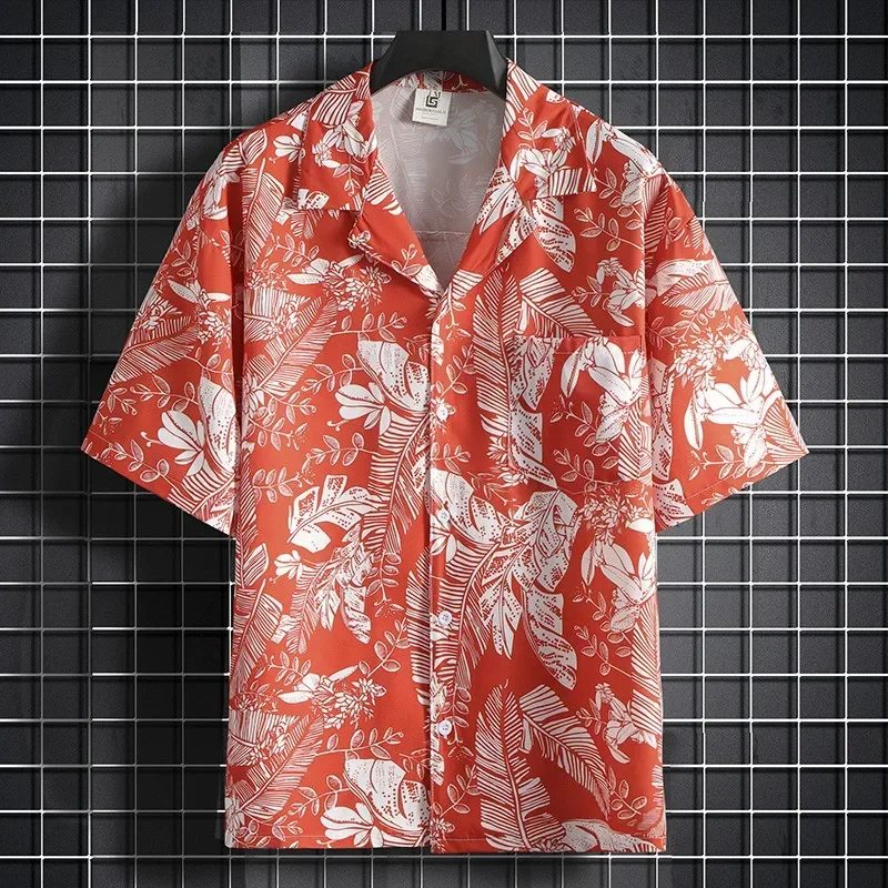 

Мужская красная рубашка с кубинским воротником, летний топ с тонким принтом, повседневная одежда для пляжной вечеринки
