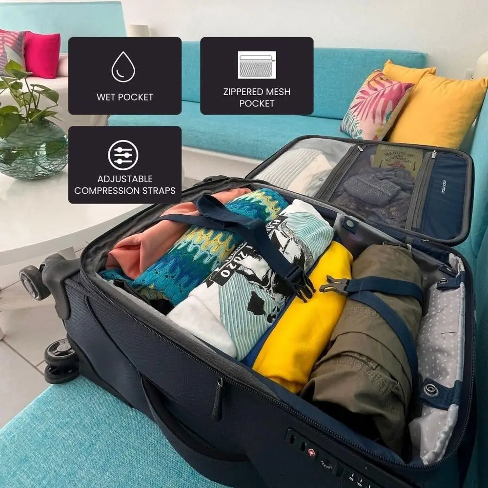 مجموعة أمتعة PET معاد تدويرها صديقة للبيئة، خفيفة الوزن، قابلة للتوسيع، عجلات دوارة مزدوجة، أزرق عاصفة، 20 و28 #5