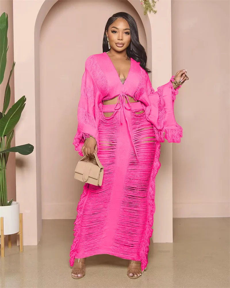 Women Knitted Hollow Out Backless Long Skirt Suit Lace-up Solid Color Short Tops Female Summer Comfortable Casual Two Piece Sets