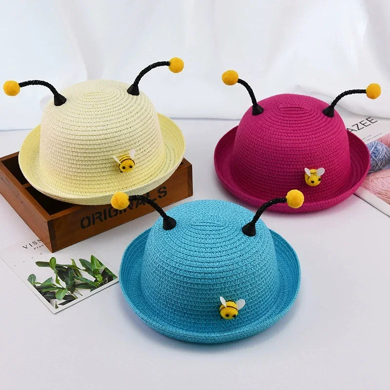 High-quality Cute Children Straw Hats Summer Caps for Boys Girls Sun Hats Classic Style Cartoon Little Bee Hats Beach Bucket Hat