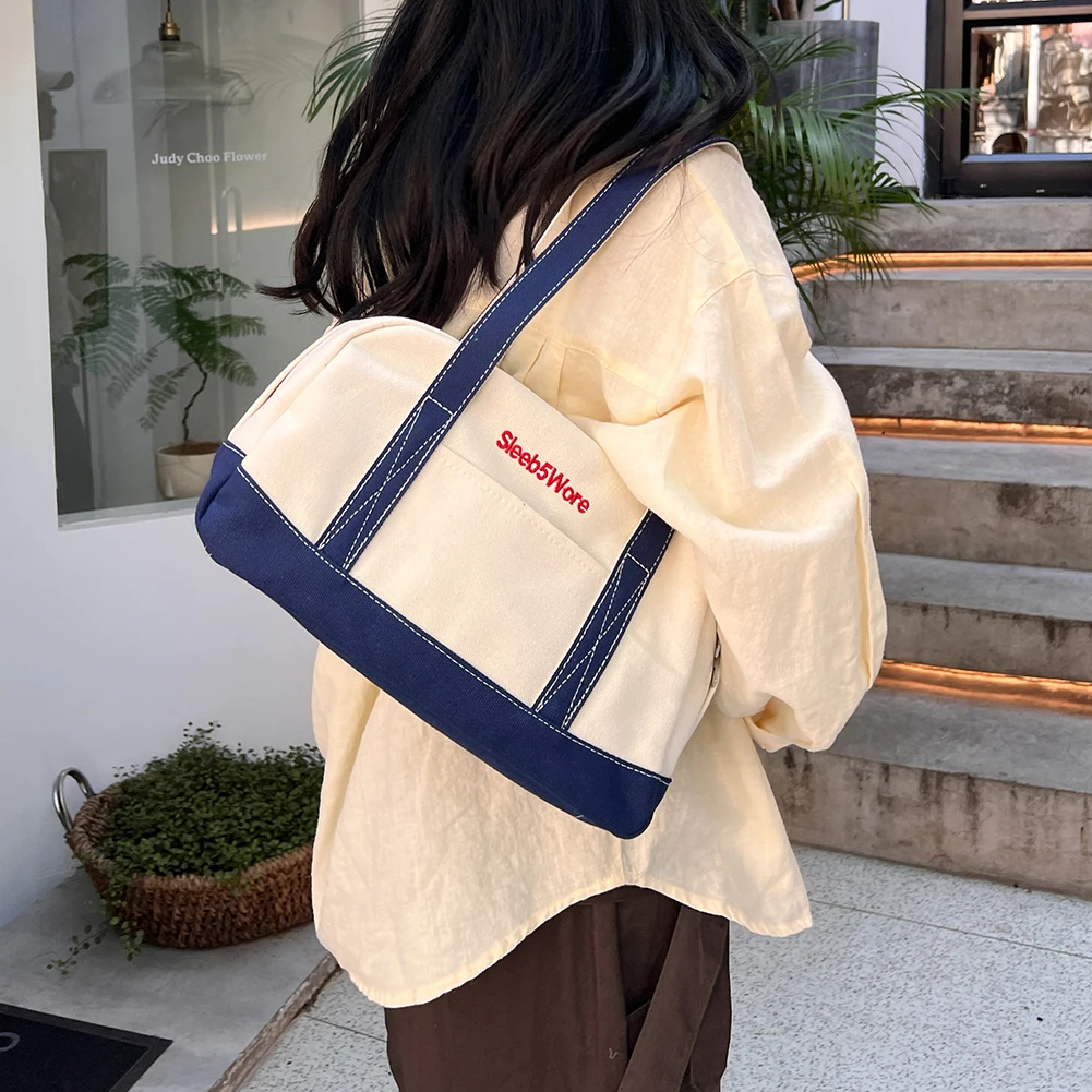 حقيبة كتف نسائية سعة كبيرة حقيبة تحت الإبط قماش خمر الإبط حقيبة اللون الصدام بسيطة الإناث الفتيات حقيبة يد #3