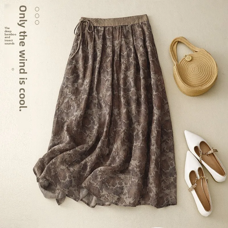 

Юбка-миди трапециевидной формы с высокой талией, женская хлопково-льняная юбка с принтом, винтажная длинная юбка с узором для поездок на работу, лето 2023,