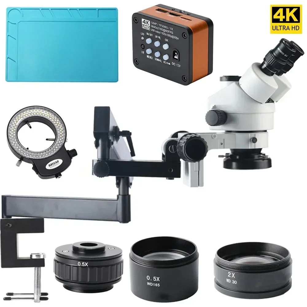 Real 4K UHD 60FPS HDMI USB Camera Stereo Trinocular 3.5X-90X Simul Focal Microscope Articulating Arm Stand for Repair Soldering