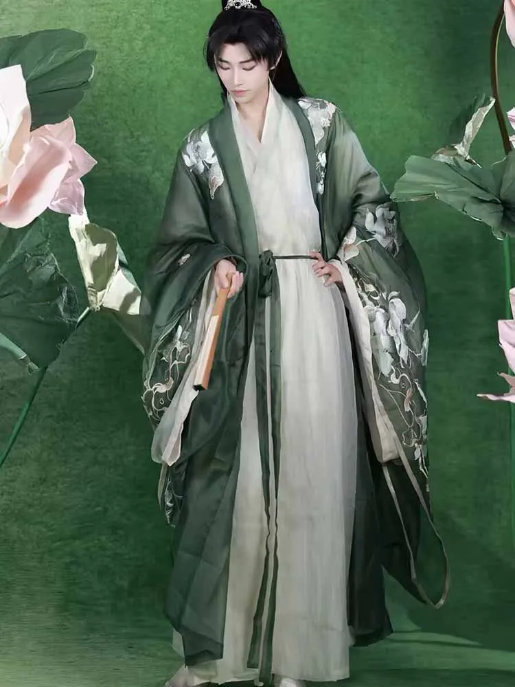 

2026 New Chinese Style Hanfu for Men, Elegant Green Linen Blend Robe with Embroidery, Loose-Fit Ancient Costume for Party & Stag