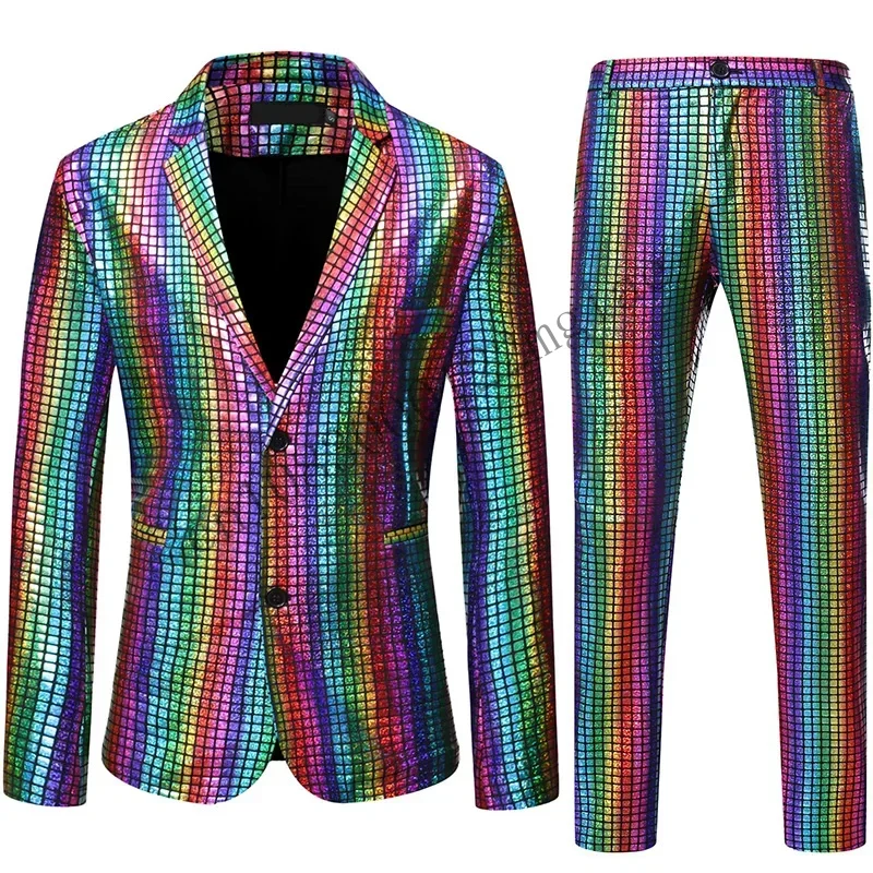 Mens Stage Prom Suits Shiny Rainbow Plaid Sequin Jacket Pants Men Dance Festival Christmas Halloween Party Costume Homme CMM221