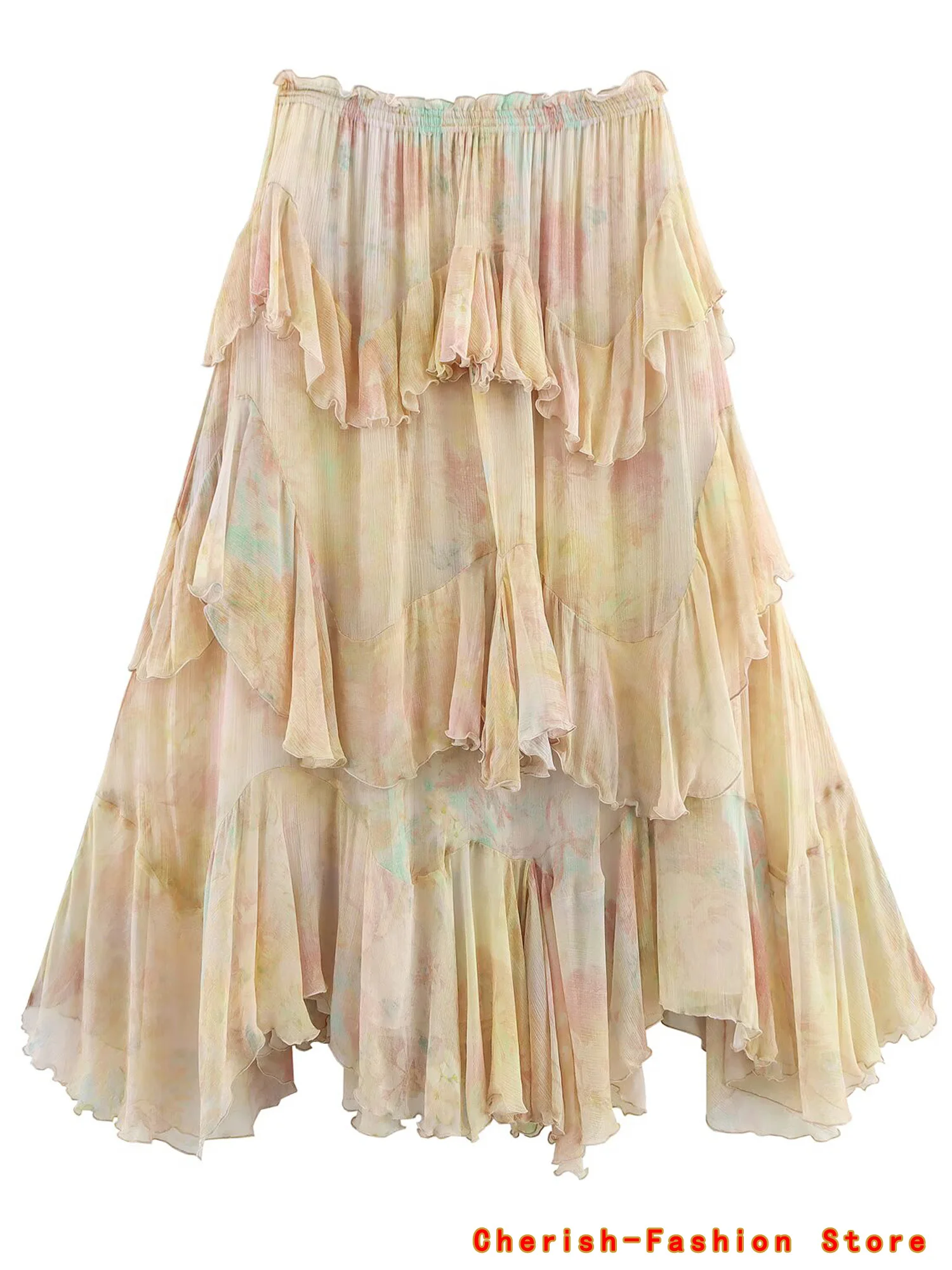 Spódnica w stylu francuskim z kwiatową koronką, linia A, wiosna-jesień, nowa damska spódnica z falbanami, drukowana spódnica do połowy łydki, włókno poliestrowe.