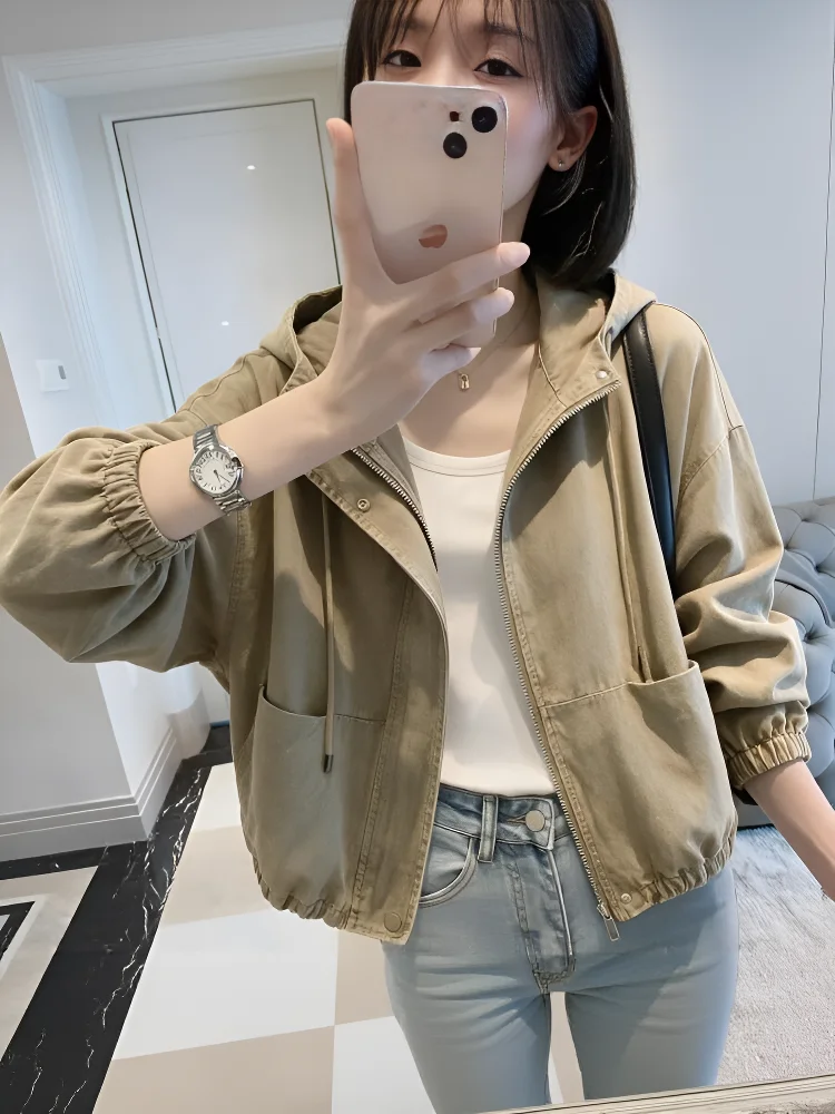 Retro Washed Hooded Jacket Women's Design Spring New Loose Fit Short Outerwear Cotton Commute Style Zipper Decorated Long Sleeve