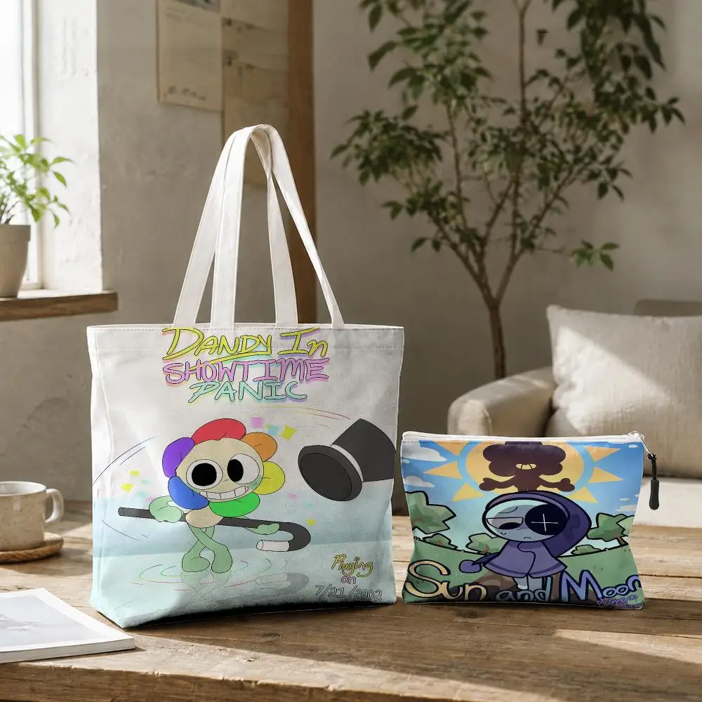 D-Dandys World Pebble F-Fleece Storage Bags 2PC Canvas Tote Bag Set With Zipper Handbags Makeup Pouch Set Travel Bag