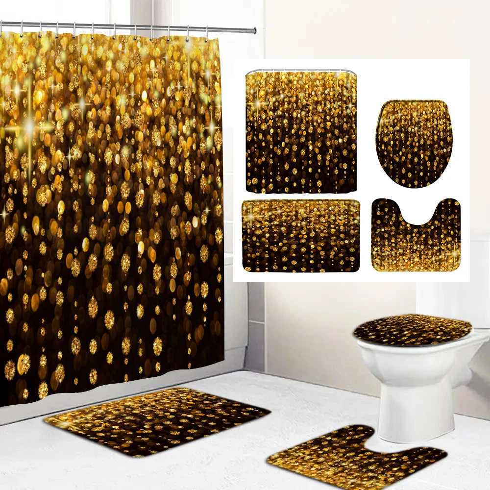 

Trendy Rose Gold Falling Sparkle Glitter Bathroom Shower Curtain Set Girly Peach Pink Confetti Dust Dot Bath Mats Cortina Baño