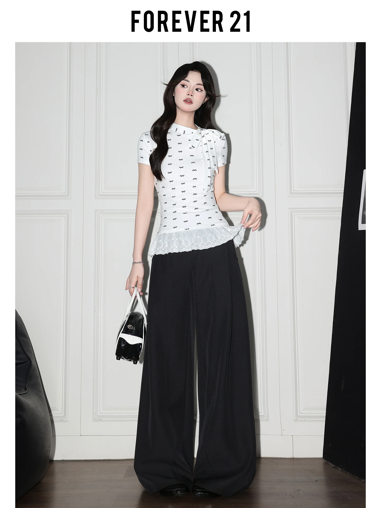 Pantalones Casuales de Pierna Ancha con Cintura Alta y Corte Americano de Forever 21 para Mujer, Estilo Delgado, Forma de Pera, Color Negro, Ajuste Holgado, Pierna Recta