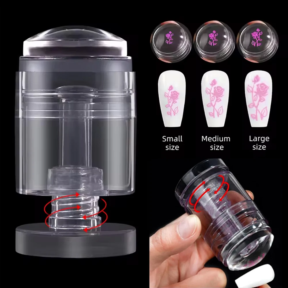 2 개/대 회전식 조정 가능한 다른 패턴 크기 네일 아트 스탬프 스크레이퍼 네일 도구와 나선형 버튼 실리콘 네일 스탬퍼