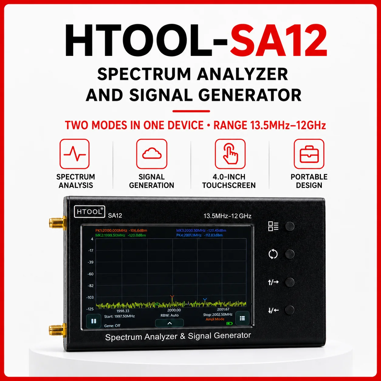 HTOOL SA12 Portable Spectrum Analyzer and RF Signal Generator, 13.5MHz to 12GHz, S21 Measurement, 4 Inch Touchscreen for RF Test