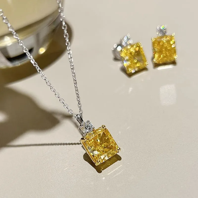 

Luxury Delicate Ice Flower Cut Yellow Crystal Necklaces Earrings Rings 3 Pieces Set Classic Wedding Banquet Zircon Jewelry Sets