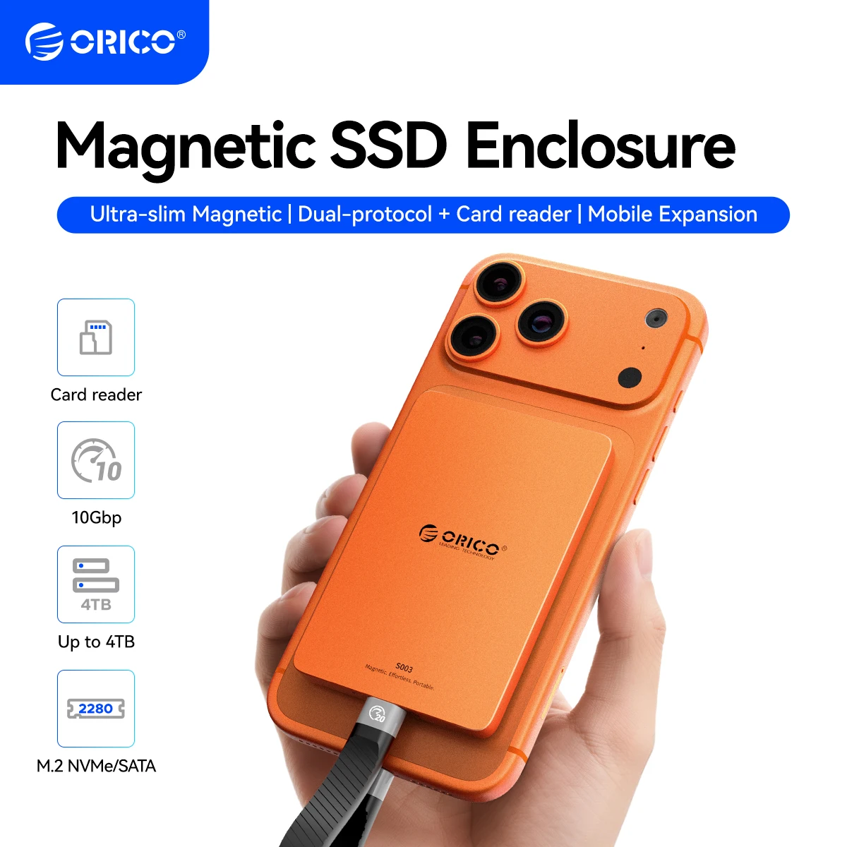 ORICO 10Gbps Magnetic M.2 NVMe SATA SSD Enclosure Docking with SD 3.0 ProRes4K/120fps for iPhone 17/17 Pro/iPhone 16/16 Pro