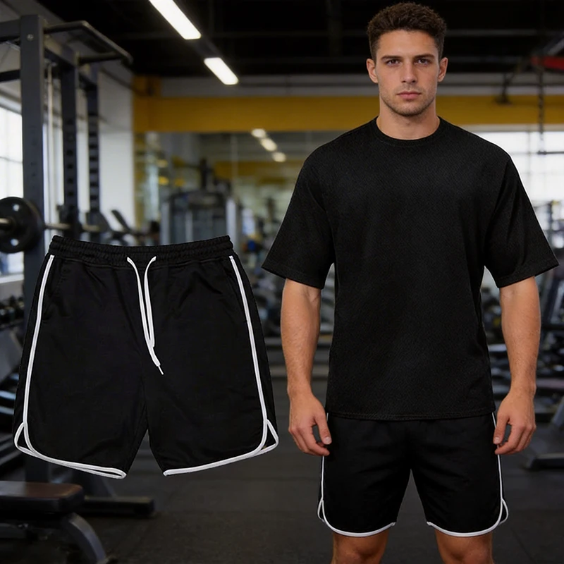 

Summer Mens Sports T-shirts Sets Mesh Quick-drying Short Sleeve T Shirt + Shorts for Gym Bodybuilding Fitness Workout Sportswear