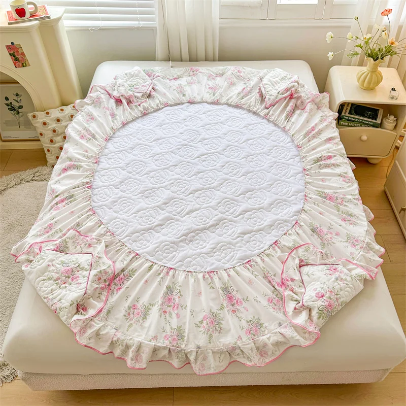 100% Cotton Mattress Cover Floral Style Bedspread Thickened Fitted Sheet Lace Bed Linen Quilted Bed Cover 매트리스커버 (No Pillowcase)