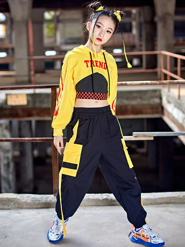 New Kpop Modern Dance Clothes For Girls Yellow Hooded Tops Hip Hop Pants Kids Jazz Street Dance Performance Stage Costume BL9084