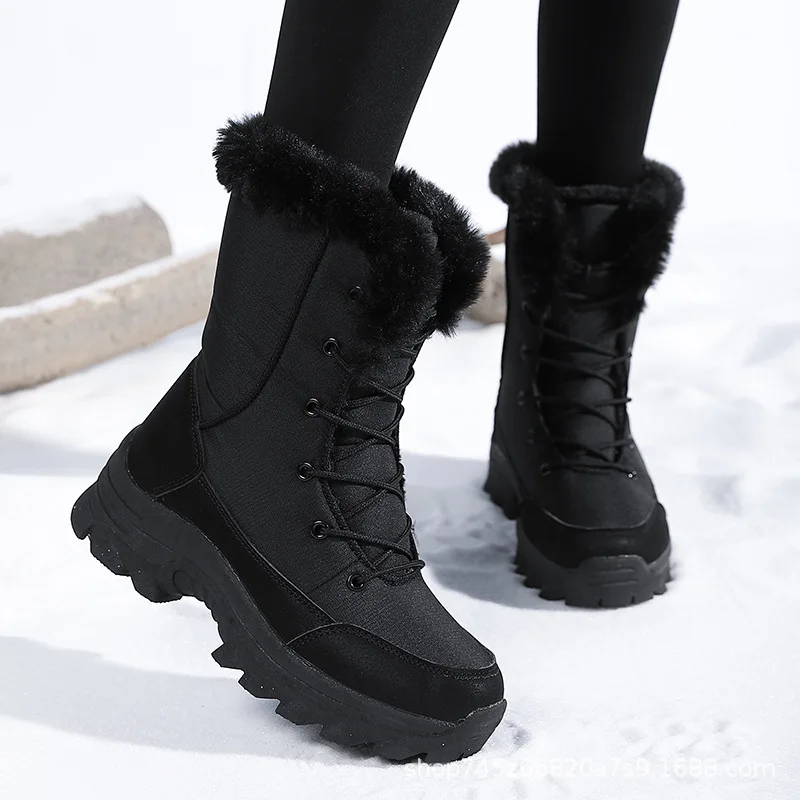 

2025 Women's Snow Boots Beige Lace-up Waterproof Antiskid Female New Ankle Boots Walking Shoes plush Winter Warm Mid-Calf Boots