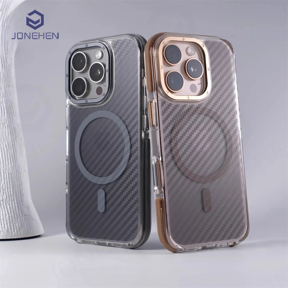 Funda de lente de aleación con marco de goma suave para iPhone 16, 15, 14, 13, 12 Pro Max, placa trasera texturizada de fibra de carbono para cubierta magnética Magsafe