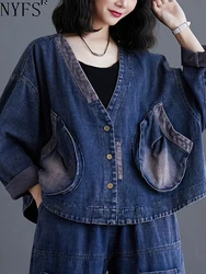 NYFS 2024 Spring Autumn New V-neck Woman Coat Loose Plus Size Casual Long Sleeve Denim Jacket